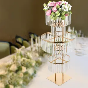 5-Tier Acrylic & Iron Flower Stand with Crystal Pendant, Gold Electroplated Wedding Centerpiece Display Rack, Elegant Floor or Tabletop Bouquet Holder for Party Banquet Aisle Decor