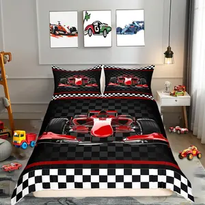 3D Red Formula Car Bedding Set,Extreme Sports Duvet Cover Comforter Cover(No Filler) Red Stripes Geometric Grid Plaid Duvet Cover Set Decorative