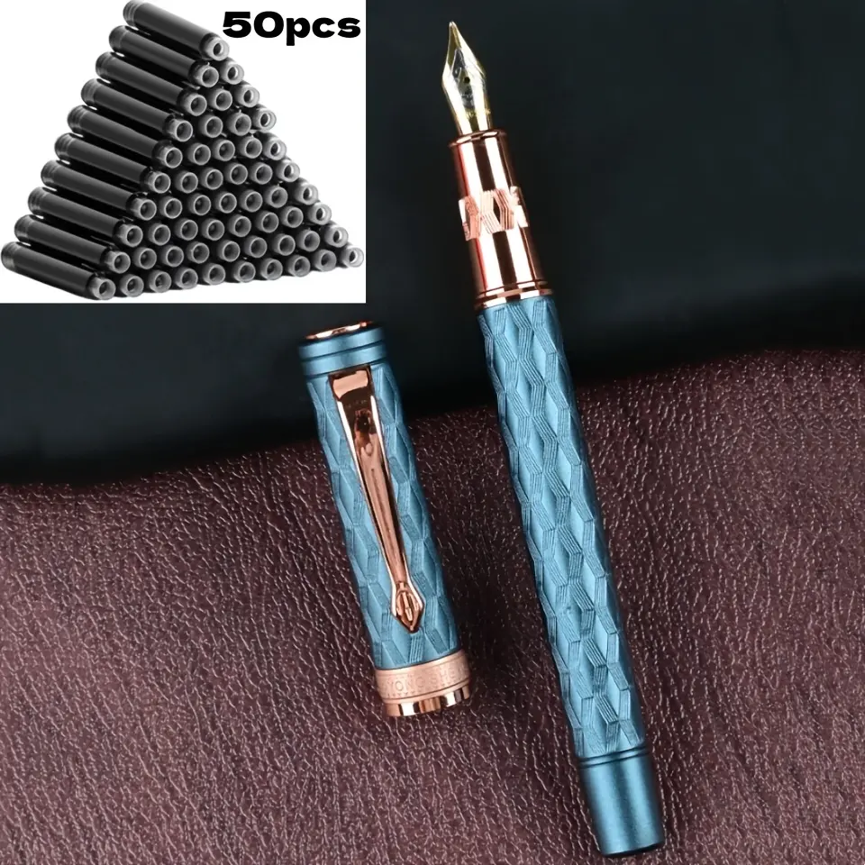 51-piece fountain pen set [1 fountain pen + 50 ink cartridges], 0.5 mm tip, hand-polished tip, high-end craftsmanship, stainless steel barrel, gold-plated clip, electroplating finish, engraved barrel design; suitable for students, holiday gifts, back-to-s