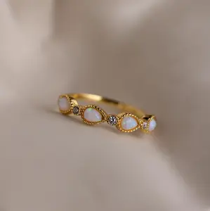 Opal Diamond Teardrop Ring by Caitlyn Minimalist - Dainty Pear Cut Opal & Round Diamond Ring in Gold - Vintage Style Engagement Ring - Bridal Jewelry - Wife Gift