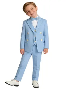 High-quality herringbone pattern four-piece suit set for young children, teenagers and boys, Double-Breasted Collar Jacket, Blazer & Vest, Long Pants & Tie, Formal Wedding Party School Event Wear, Clothing Set