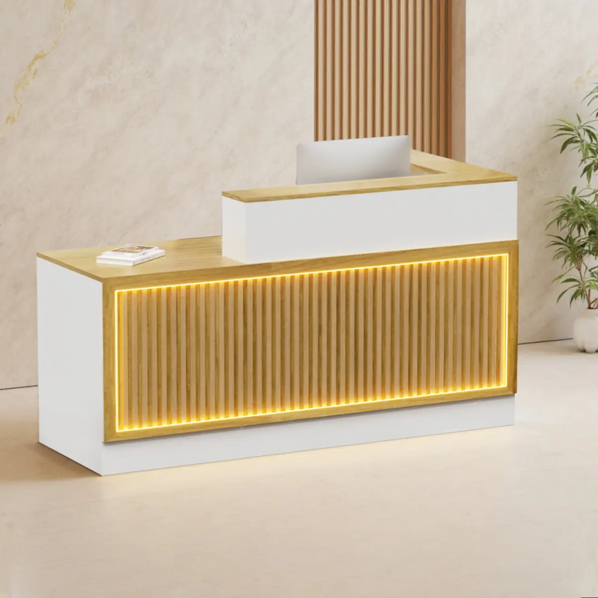 Modern L-shaped Reception Desk with LED Lighting and Storage Function Fire Safety Label Included