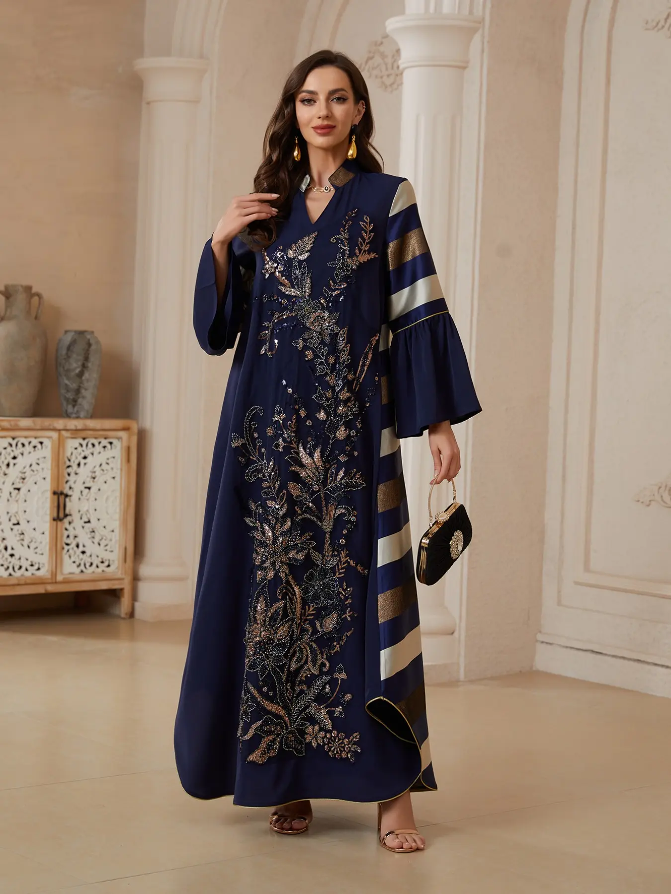 Middle Eastern Ramadan Eid Modesty Abaya, Abayas For Eid, Heavy Embellished Gold Floral Robe, Dubai Style Luxury Lady Kaftan, Elegant Islamic Clothing, Elegant Long Dress