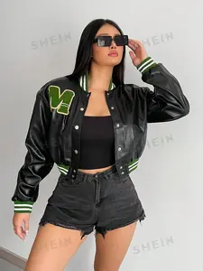 Letter Patched Striped Trim PU Leather Crop Varsity Jacket