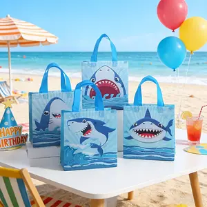 12pcs/24pcs Shark Print Reusable Tote Bags, Ocean Theme Non-Woven Gift Bags with Handles, Perfect for Birthday, Beach Party, Baby Shower, Classroom Gifts