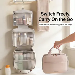 Large Capacity Travel Toiletry Bag for Women and Men Foldable Hanging Cosmetic Organizer with Built-in Hook Waterproof PU Leather Makeup Skincare Storage Case Portable Bathroom Essentials for Vacation Gym Business Trip Misty Rose Cocoa Milk Minimalist