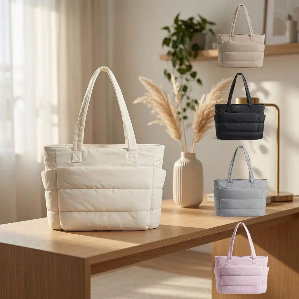 Women's Chic Quilted Puffy Bubble Tote Bag - Quilted Purse, Lightweight Commuter Work Bag with Multiple Compartments, Zipper Closure, Durable for Travel/Work Use