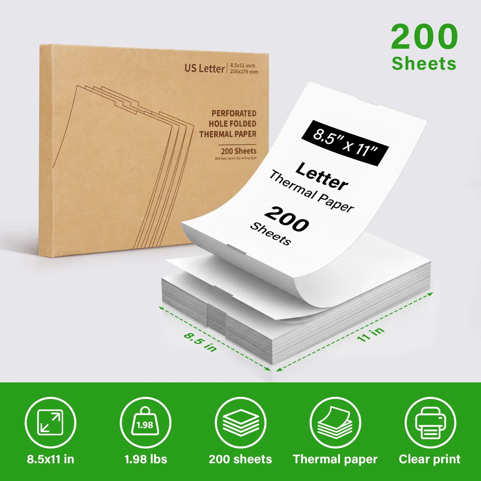 Thermal Printer Paper for JD-166 Portable Printer , US Letter (8.5"×11"), Fan-Fold Thermal Paper 200 Sheets, Inkless Quick-Dry Paper,