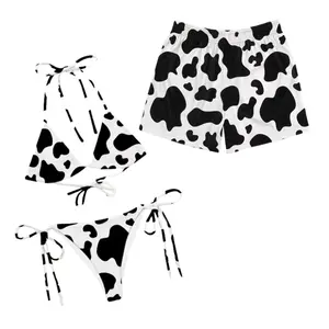 Cow Print Matching Couple Print Bikini and Board Shorts Set, Trendy Black White String Beach Swimwear Honeymoon Outfit, Couple Beachwear