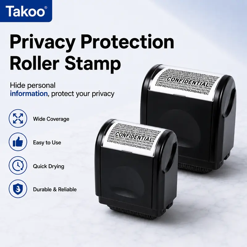TAKOO Ergonomic Effortless & Self-Inking Identity Protection Roller Stamp (Black) - Office Supplies, Built-in Ink Stamp, Compact, Portable, Instant Privacy Protection, 100m Long-Lasting, Eco-Friendly Data Masking Tool, Defeat Dumpster Diving & Data Theft