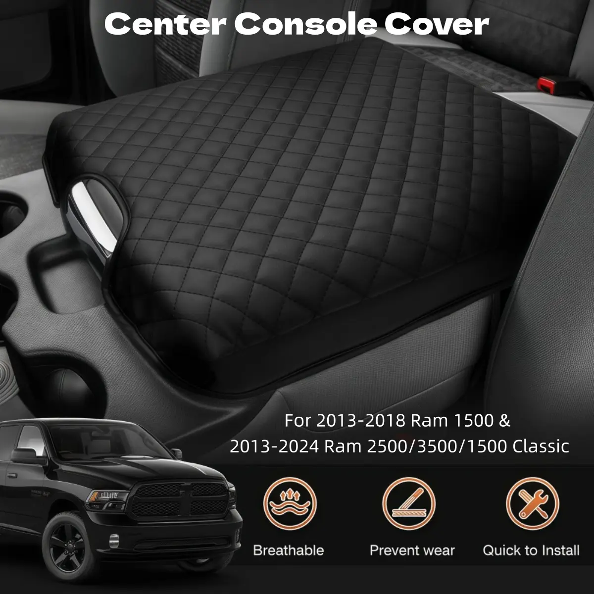 For Dodge Ram 1500 2013-2018 & Ram 2500/3500/1500 Classic Model 2013-2024 Center Console Cover, Leather Center Console Cover for Jump Seat Console, Comfortable Leather Armrest Cover Protector Customized Car Accessories