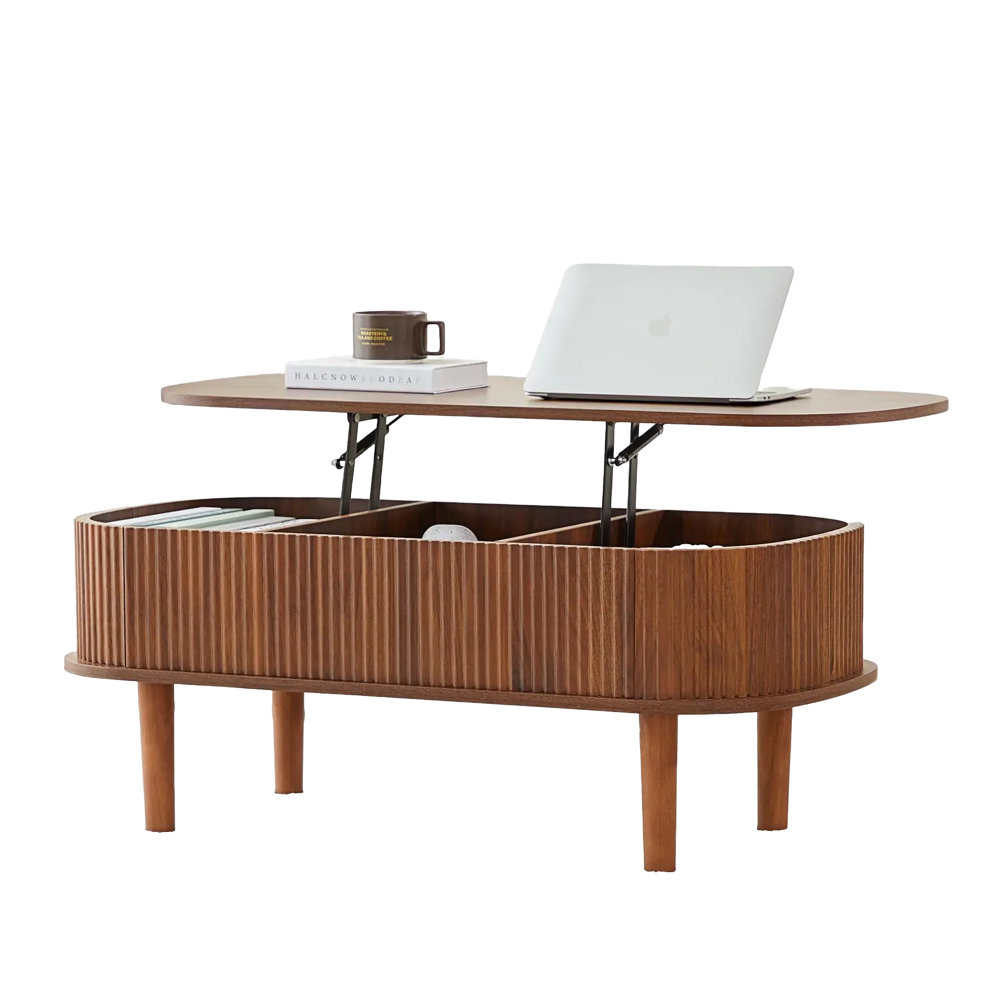 GiratreeFurniture Fully Assembled Wooden Center Table, Fluted Lift Top Coffee Table with Hidden Compartment, Modern Oval Lift Tabletop for Home Living Room Office
