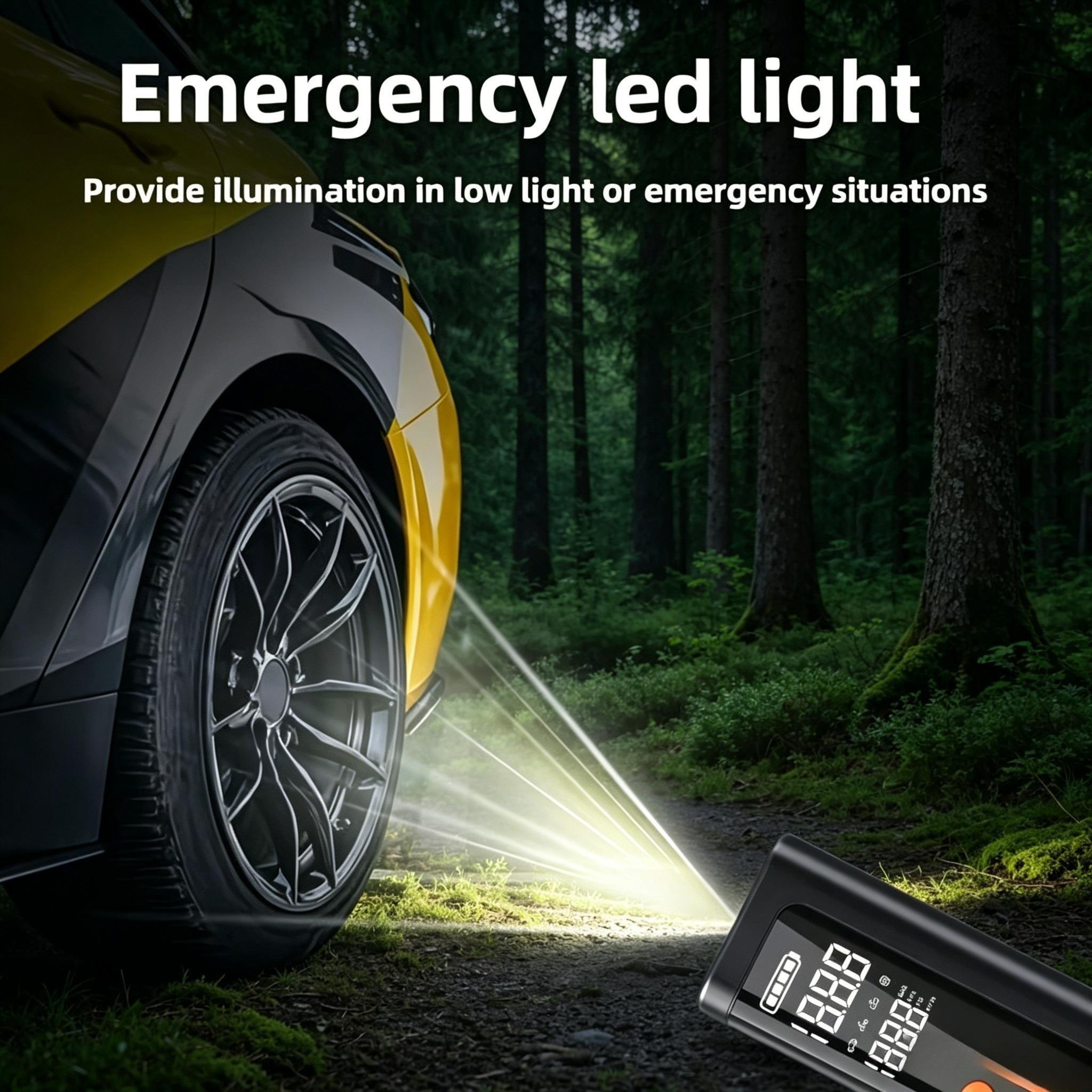 Portable Automotive Handheld Car Jump Starter with Air Compressor, Battery Booster, Tire Inflator Pump, USB Power Bank, LED Flashlight – Travel Size Emergency Kit for Truck Accessories, SUV, Motorcycle