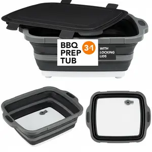 BBQ Prep Tub, (2.11 Gal/8L) Collapsible Cutting Board, BBQ Prep Tub with Locking Lid, Foldable Camping Sink with Colander, Multifunction Dish Basin for Kitchen, Bowl, Vegetable and Fruit, Storage Basket for Picnic