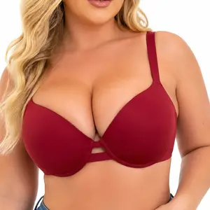 Plus Size Smooth Solid Underwire Bra for Big Bust Women, Double Strap Cutout Center Front Deep V Full Coverage Support Bra Adjustable Wide Straps Everyday Comfort Curvy Lingerie