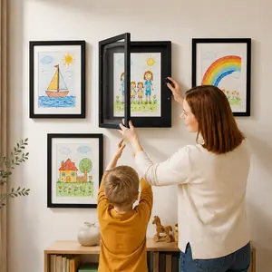 2pcs Black Wood White A4 Kids Artwork Frame Wood Paint Frames Changeable With Acrylic Front Opening Holds 150 Pictures, Art Frames For Kids Artwork With Mat Or Without Mat, Natural