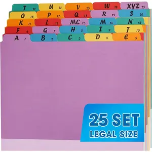 1 Set A-Z Alphabetic and Number Top Label Files Legal Size 25 Sheets File Dividers Desk Organizer for Office Home and School (Rainbow)