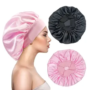 2 count Large Satin Silk Hair Bonnet for Sleeping,Elastic Wide Band Bonnets for Black Women Braids,Silk Hair Wrap Night Sleep Caps for Women Curly and  Hair (Black,Pink)