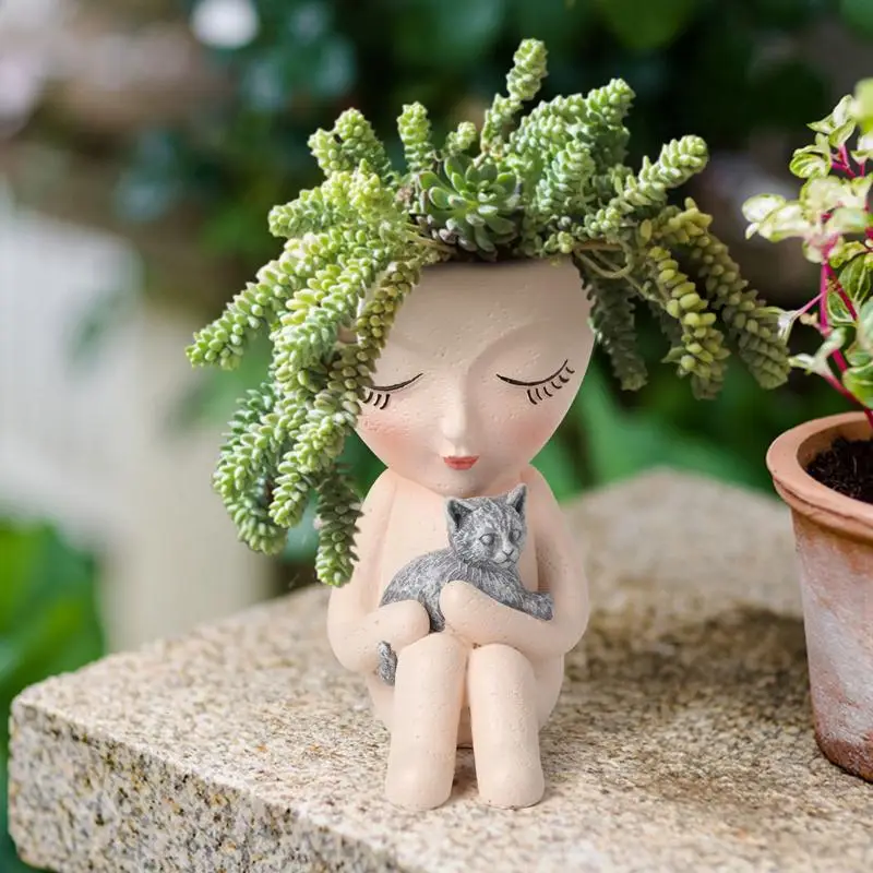 Room Decor Sitting Girl & Pet Design Desktop Vase without Plant, Creative Resin Succulent Plant Pot for Outdoor Garden Home Decor, Table Decoration, M