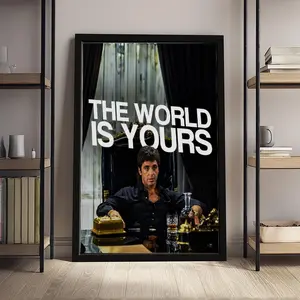 Scarface Tony Montana "The World Is Yours" Canvas Wall Art, Motivational Movie Poster, Hustle Decor for Man Cave Home Office, Framed/Unframed Option