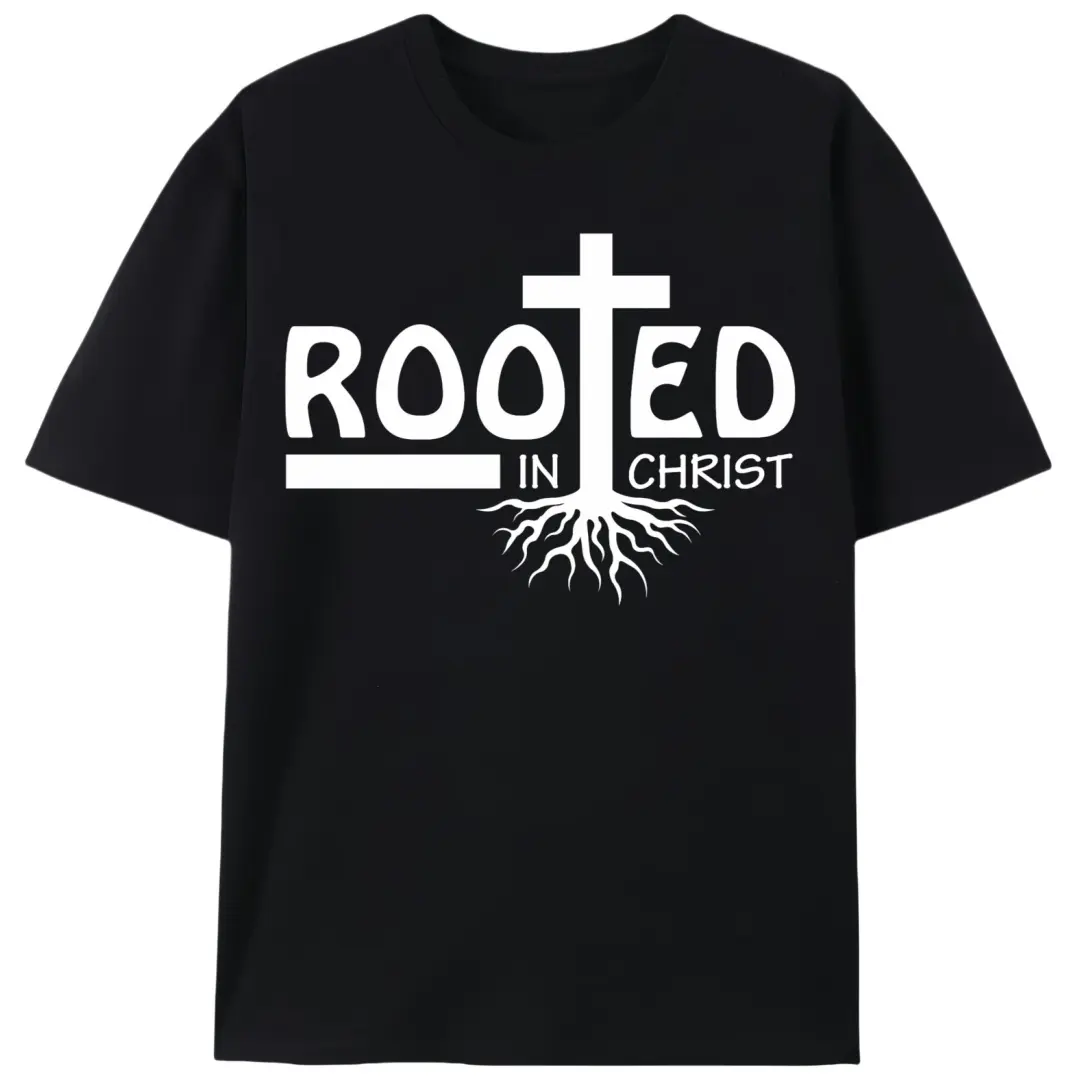 Men's 100% Cotton T-Shirt, "Rooted In Christ" Christian Graphic Print, Casual Short-Sleeve Round Neck Top