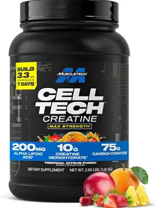 MuscleTech Creatine Monohydrate Powder - Cell-Tech Creatine Powder Post Workout Recovery Drink, Muscle Builder & Musclebuilding Supplement - Tropical Citrus Punch, 3 lbs (27 Serv) - Packaging May Vary