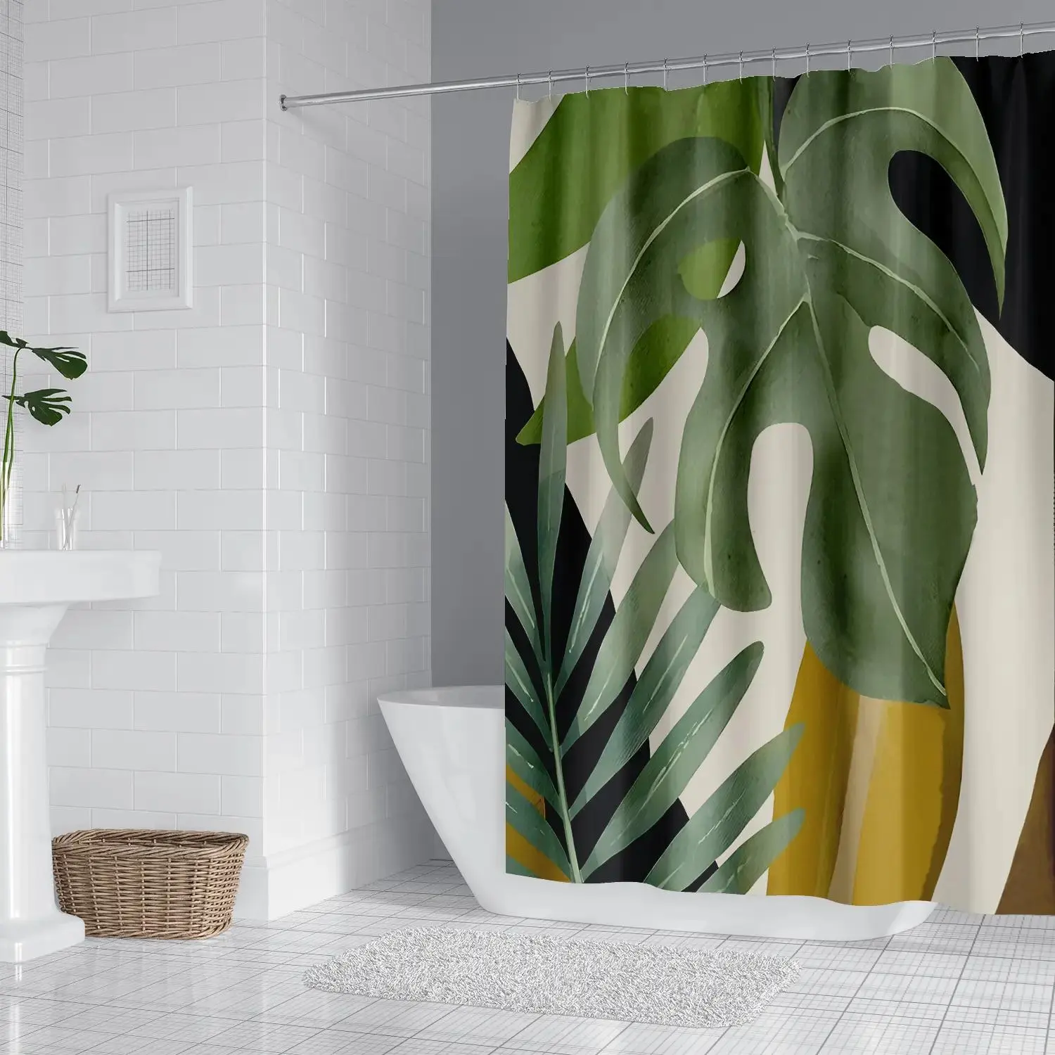 Leaf Print Shower Curtain, Waterproof Decorative Shower Curtain with 12pcs Hooks, Shower Curtains Washable, Bathroom Shower Curtain for Home Salon Hotel Dormitory, Bathroom Shower Equipment, Bathroom Accessory
