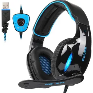 SADES SA902 Stereo Gaming Headset 7.1 USB Surround Sound PC Headsets Over-Ear Gaming Headphones with Microphone LED Light Black Blue