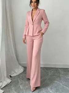 Elegant Business Casual Two-Piece Set Suits for Women, Solid Color Blazer Jacket with Long Sleeves, Button Front Cardigan Top, Wide Leg Pants