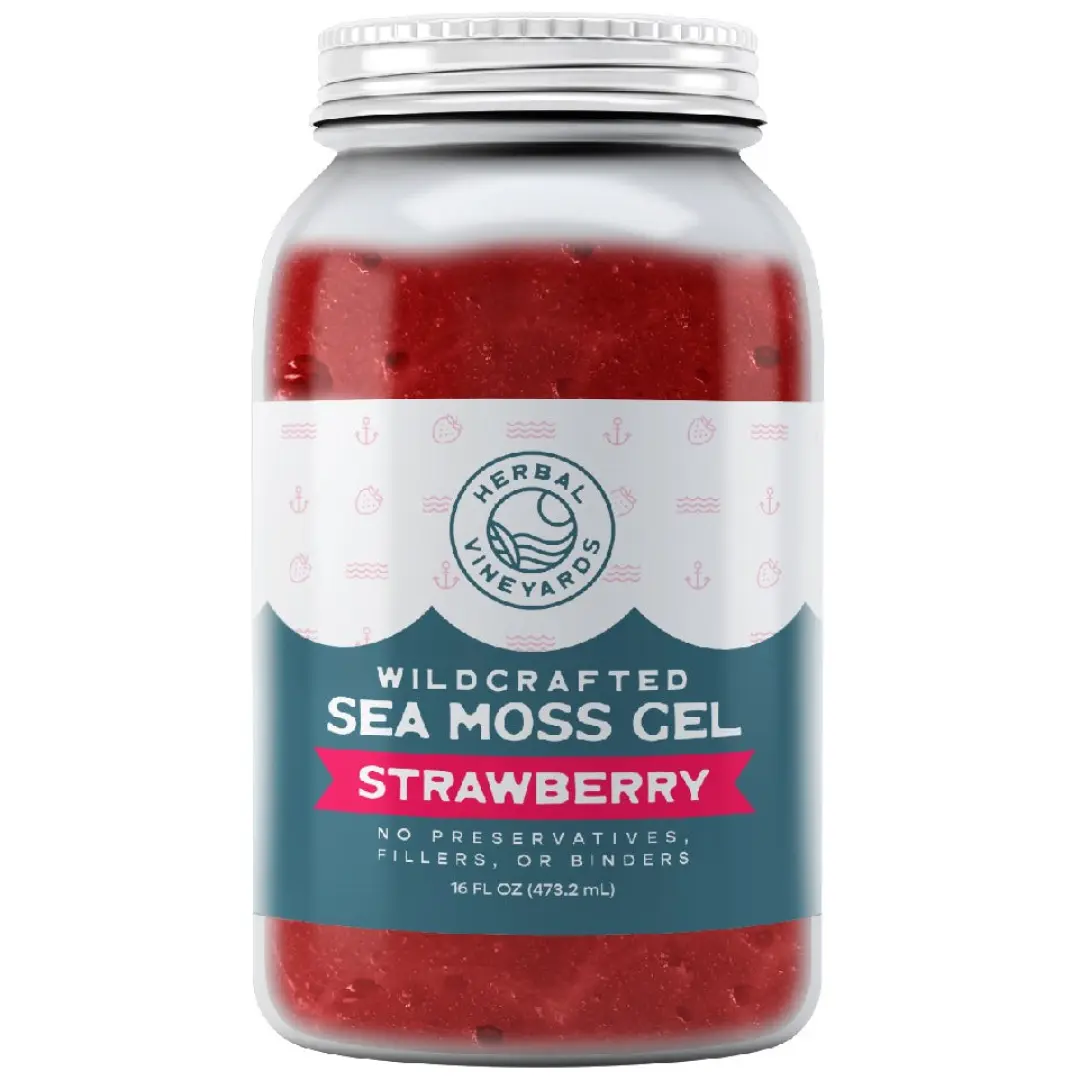 Herbal Vineyards Wildcrafted Strawberry Sea Moss Gel - 16 Oz Jar, Handpicked Dried Seaweed & Fresh Sea Vegetables, Natural Vitamins, Wellness Support for Adults, Made in USA with Spring Water, Minerals