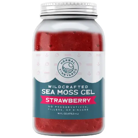 Herbal Vineyards Wildcrafted Strawberry Sea Moss Gel - 16oz Plant-Based Health Supplement, Handpicked Dried Seaweed, Natural Vitamins, 15% Iron Boost, USA-Made Spring Water Base, Ocean-Pure Source, Immune Support, Energy, Natural Wellness Boost, All Ages
