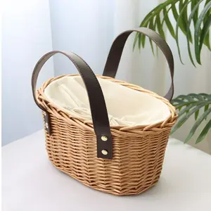 Handmade Wicker Basket with Leather Handle, Natural Bamboo Material, Cosmetics Organizer, Oval Picnic Storage Basket, Multi-Purpose