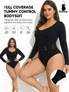 Spring PLUS SIZE Women's Ribbed Abdomen Control Compression Bodysuit, Womenswear Long Sleeve Seamless T Shirt,Comfortable Scoop Neck Body Suit Stretchy Basic Tops, Fit Soft Elastic Fabric, Perfect For Daily Wear and Going Out,Shapewear For Spring
