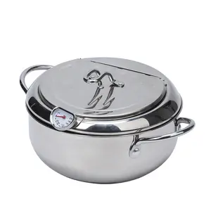 Garvee Deep Fryer Pot, 304 Stainless Steel Tempura Frying Pan, Flat Bottom Stove Top Japanese Style Cookware with Lid & Temperature Control Thermometer for Chicken Fish French Fries Shrimp