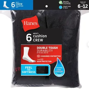 Hanes 6 Pair Men's Cushion Crew Black - Double Tough Durability, Cushioned Foot Bottom, Odor Protection, Washable & Durable - Sock, Menswear