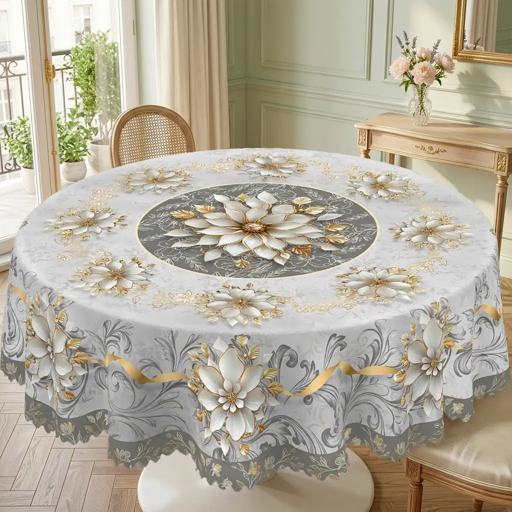 Modern 3D Floral Printed Tablecloth - Colorful Patio Dining/Picnic Table Cover, Spring-Autumn Farmhouse Style, Christmas Party Outdoor Decor, Kitchen Accessory, Noble Elegant Marble-Floral Homegoods Room Decor Gift