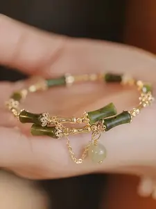 Handmade Elegant Bamboo Bead Bracelet for Women, Fashion Leaf Tassel and Floral Pendant, Perfect for Parties and Daily Wear, Elegant Jewelry Bracelet