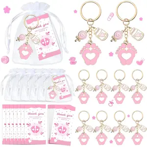 12 Sets Baby Shower Favors Pink Footprint Keychains Gifts with Bottle Lollipop White Organza Bags and Thank You Tags for It's a Girl Decorations Baby Shower Party Supplies (PINK)
