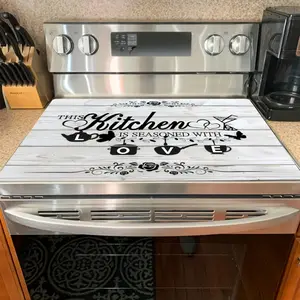 1pc KITCHEN LOVE Extra Large Electric Glass Stove Top Protector Mat - Non-Slip, Heat & Scratch Resistant Countertop Pad with Decorative Kitchen Utensil Design for Cooktops, Coffee Machines, Washers, Stylish Home Kitchen Decor, Stove Cover