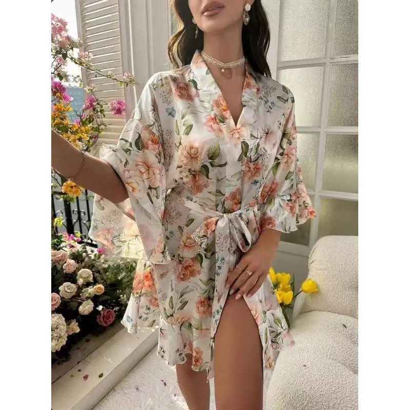 Floral Print Lounge Robe for Women - Soft Lightweight Bathrobe, Casual Loungewear, Early Fall Comfortable Home Sleepwear Kimono Robe