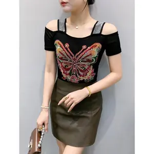 Elegant women’s off-shoulder butterfly sequin T-shirt — slim fit, short sleeves, vibrant butterfly print, sparkling straps — a must-have fashion piece for spring, summer, autumn, and winter; a popular summer top | sequin decorative top | sparkling sequins