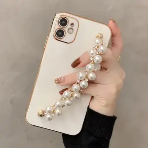 Minimalist Solid-color Pearl Chain Bracelet Phone Case for iPhone 17 16 15 14 Plus 13 12 11 XS XS Max XR Soft Case Cover