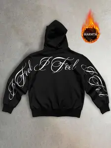 Cozy Black Pullover Hoodie - Thick Fleece Lined Baggy Sweatshirt with Luxury Cursive Graphic on Sleeves & Back - TikTok Grunge Aesthetic Winter Essentials - Casual Pullover Hoodies