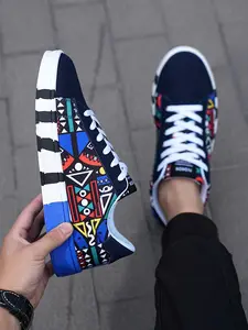 Men's Unique Low Top Sneakers, Colorblock Geometric Print Letter Sports Shoes, Unisex Trendy Streetwear Casual Footwear, Fashion Sneakers, Street Style Shoes