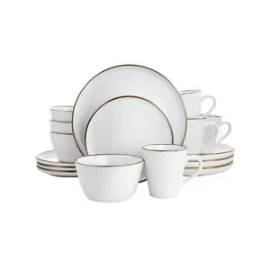Elama  Arthur Stoneware Dinnerware Set with Gold Rim - Matte White - 16 Piece