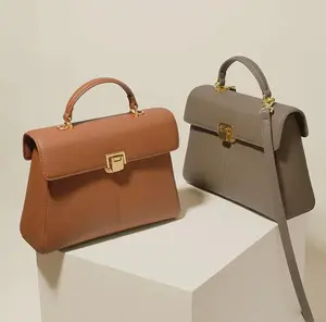 Genuine Leather Top Handle Flip Lock Handbag