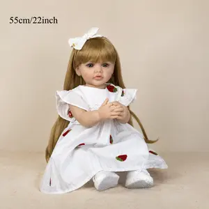 Lifelike Soft Realistic Newborn Doll (55cm/22in) - Vinyl Head & Limbs, Soft Body Doll, Long Brown Hair, Pink Floral Dress, White Shoes, Girls' Kids Toy Gift