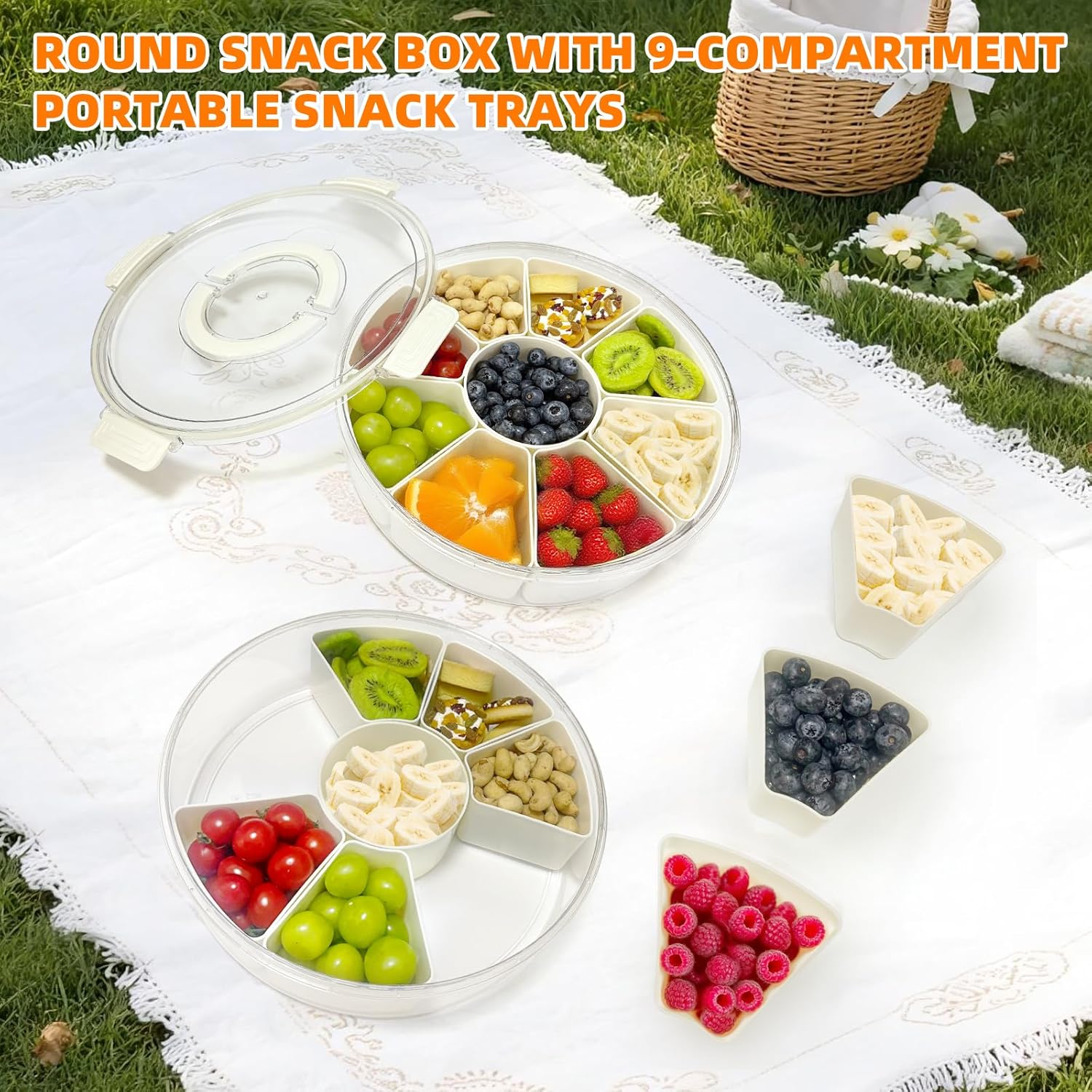 Divided Serving Tray with Lid and Handle 8-Piece Set Stackable Snack Box for Fruits Candy Organizer Portable Spinning Rounded Veggie Tray for Kitchen Party Travel Picnic Meal Prep Plate Snack Supplies