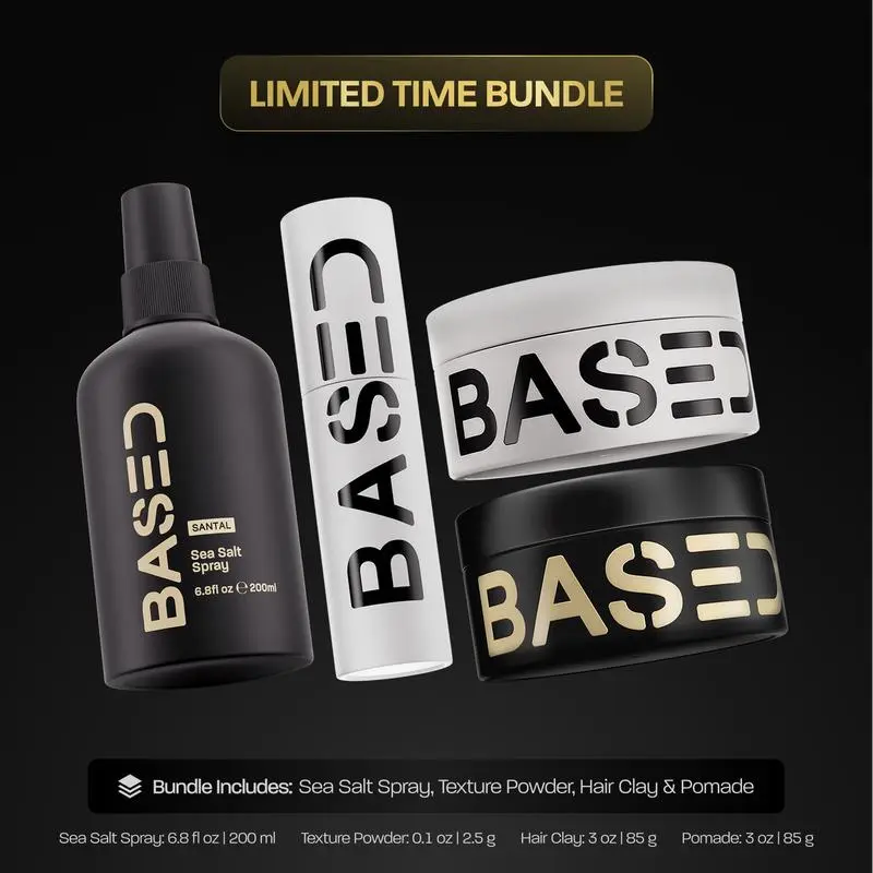 BASED Ultimate Straight/Wavy Hair Styling Bundle | Texture Powder, Hair Clay, Pomade, Sea Salt Spray | Science-Backed
