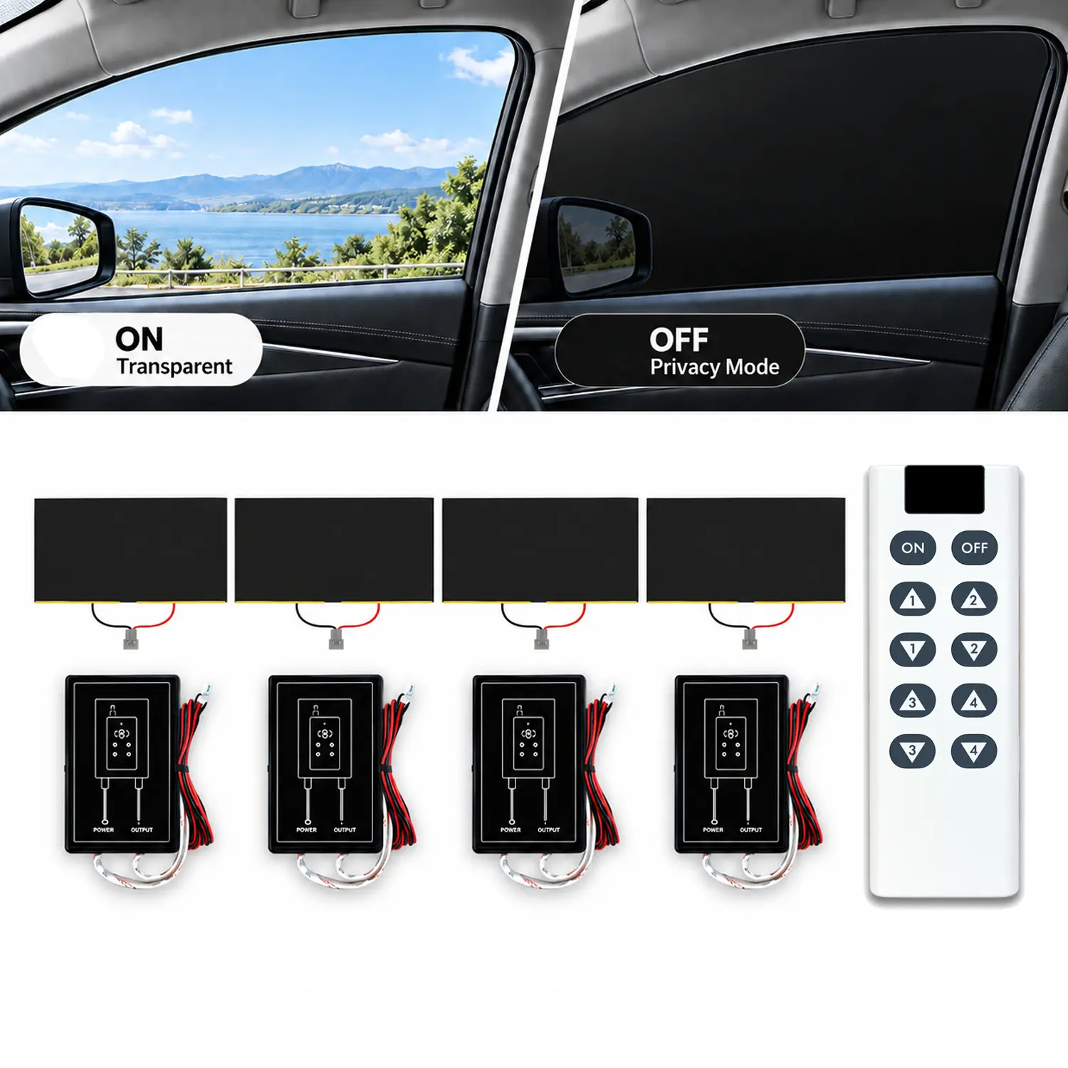 Electric Control Automotive Window Film 4PCS Black, Instant Privacy & UV Protection, Frosted to Clear Switching, DIY Kit for Car Side Windows